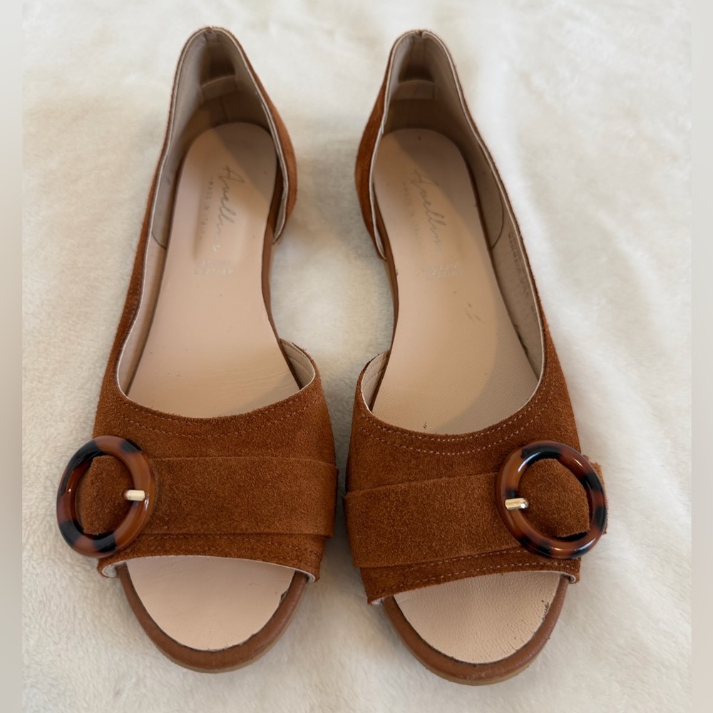 Avellini Sz 7.5 Leather Burnt Brown Flats w/ Open Toe & Faux Buckle. Worn once.